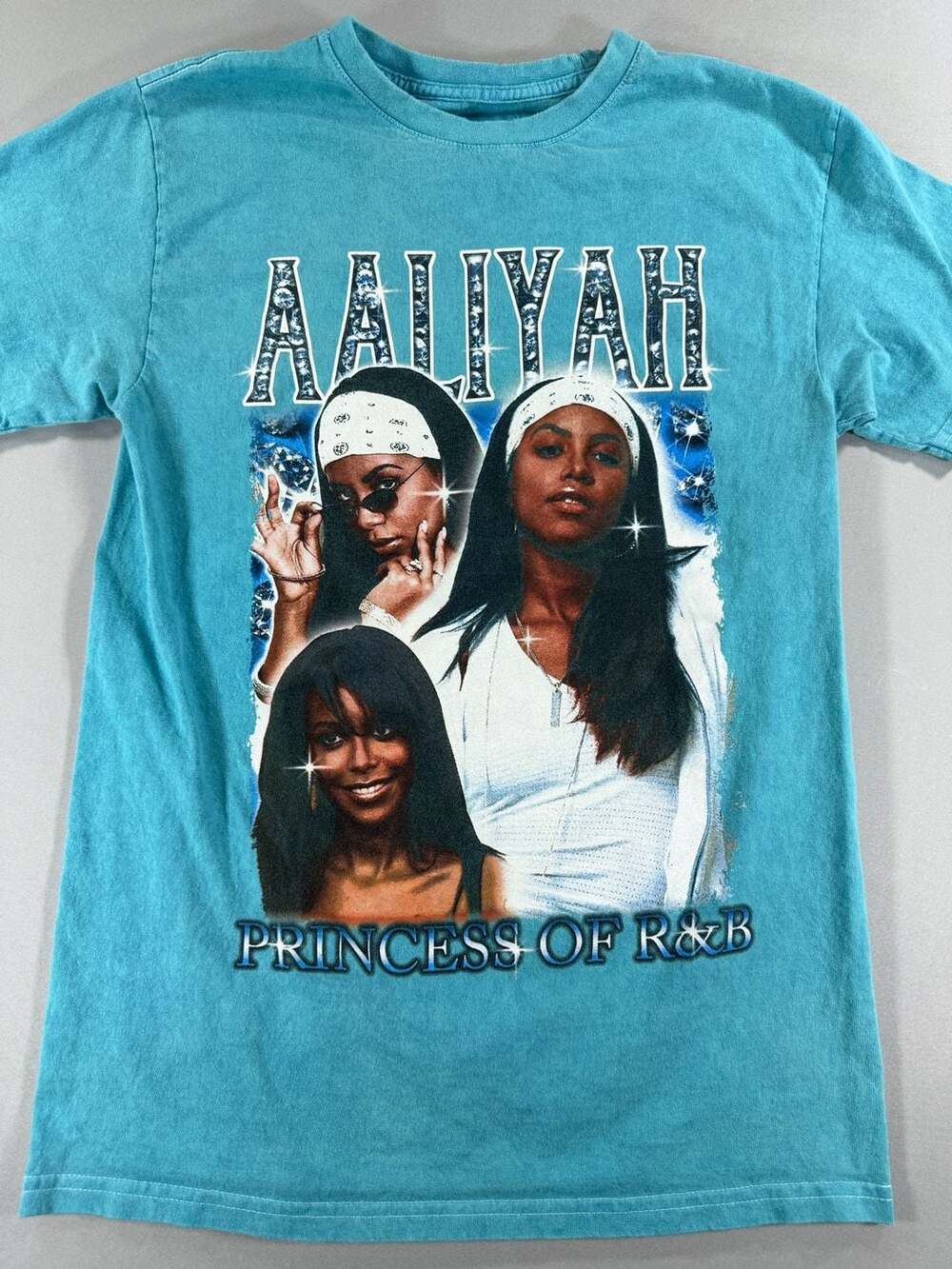 Aaliyah Princess of R&B Mineral Wash Teal T-Shirt Size Small